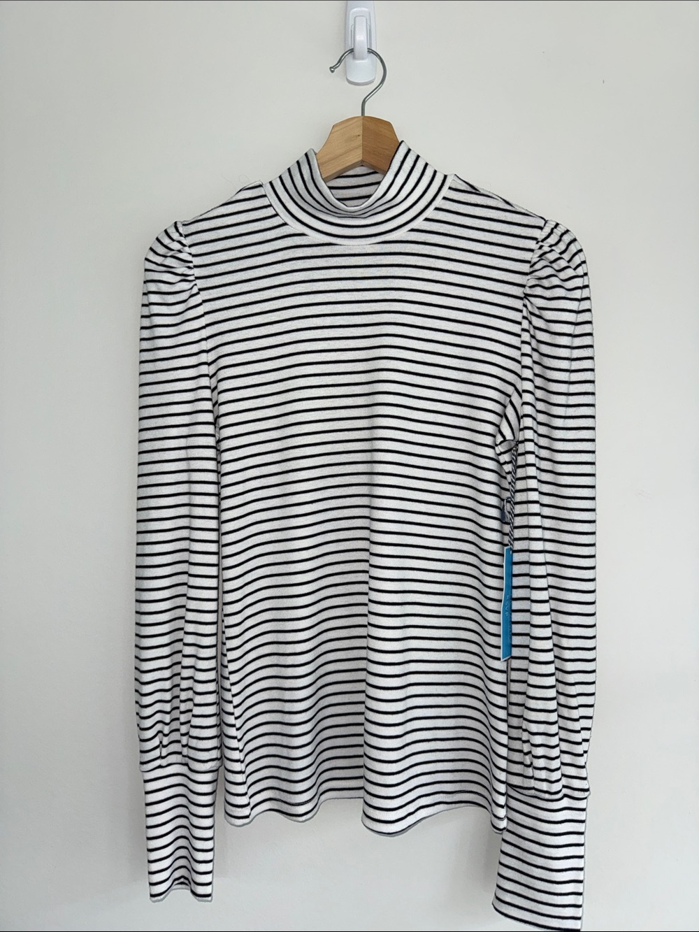 Draper James Black & White Striped Mock Neck Long Sleeve Top, Puff Sleeve, S